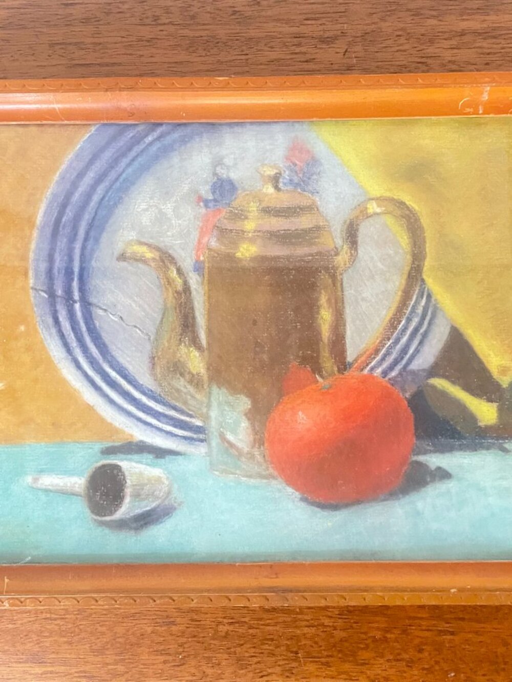 Original Still Life Fruit & Coffee Pot Vintage Framed Art